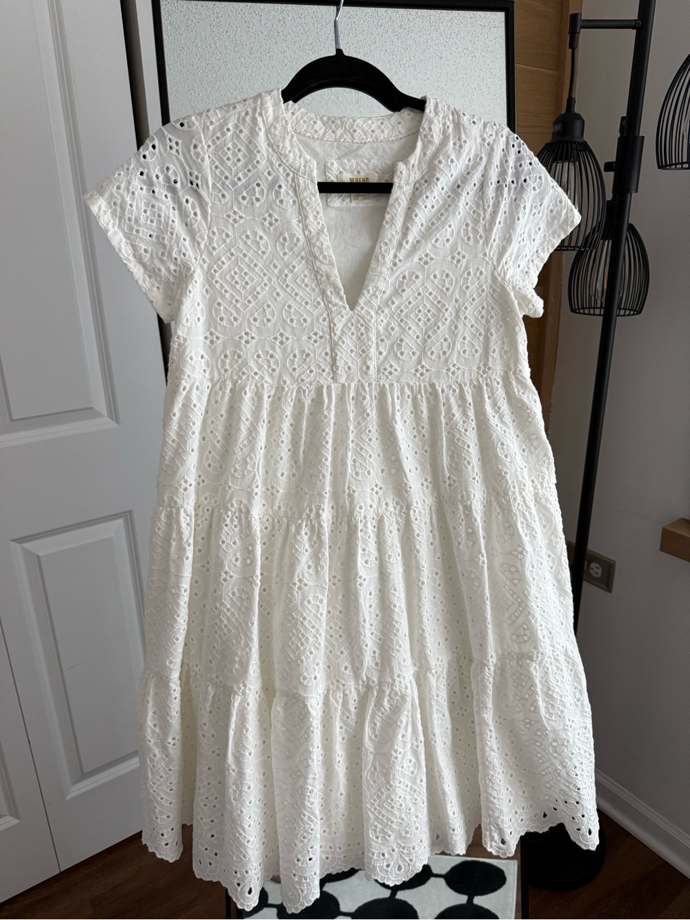 Anthropologie White Eyelet V-Neck Tiered Mini Dress — Cotton Broderie